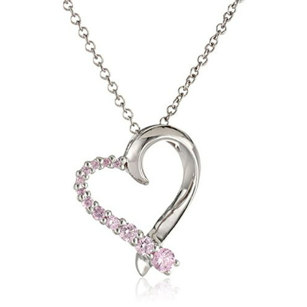 Solid 925 Sterling Silver Pink Crystal Hope Heart Pendant Charm 